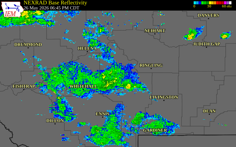 NEXRAD radar during the Tuesday, May 26, 2026 storm activity in Broadwater County, Montana
