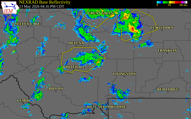 Radar snapshot during the May 13, 2026 wind event near 1 S Toston, Broadwater County, Montana, with NWS warning polygons