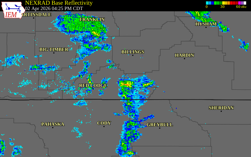 NEXRAD radar during the Thursday, April 2, 2026 storm activity in Carbon County, Montana