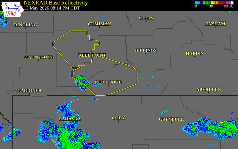NEXRAD radar during the Wednesday, May 13, 2026 storm activity in Carbon County, Montana