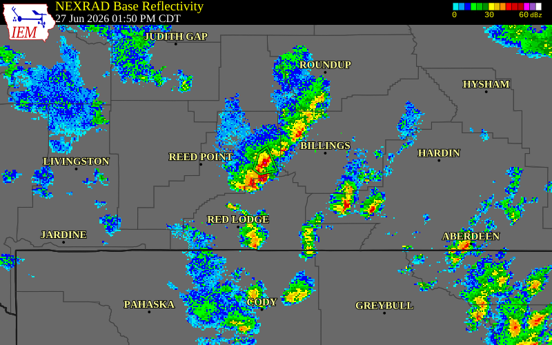 NEXRAD radar during the Saturday, June 27, 2026 storm activity in Carbon County, Montana