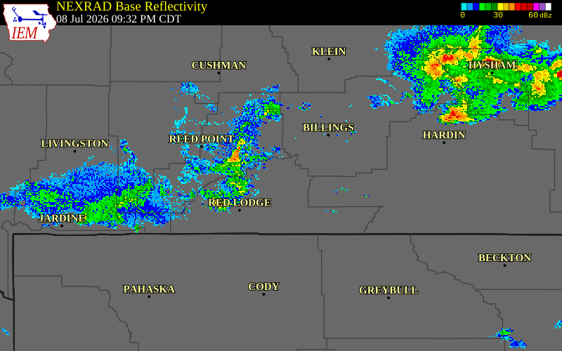 NEXRAD radar during the Wednesday, July 8, 2026 storm activity in Carbon County, Montana