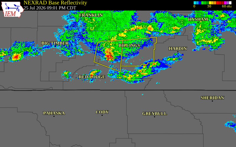 NEXRAD radar during the Saturday, July 25, 2026 storm activity in Carbon County, Montana