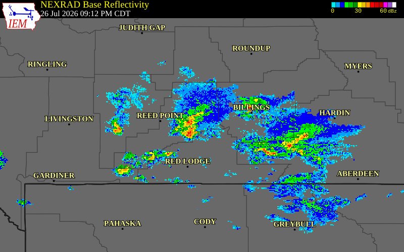 NEXRAD radar during the Sunday, July 26, 2026 storm activity in Carbon County, Montana