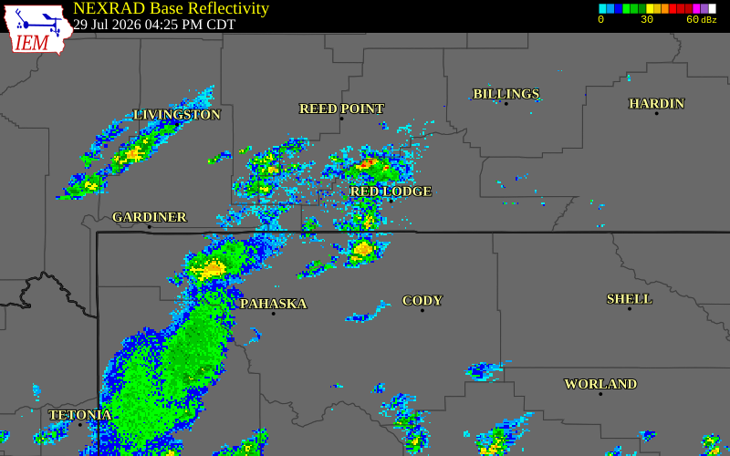 NEXRAD radar during the Wednesday, July 29, 2026 storm activity in Carbon County, Montana