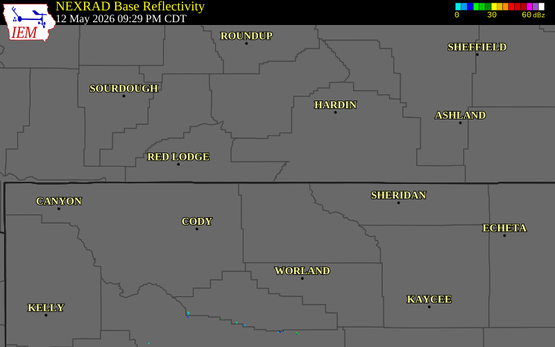 Radar snapshot during the May 12, 2026 wind event near 22 SW Fort Smith, Carbon County, Montana, with NWS warning polygons