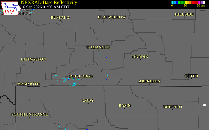 Current NEXRAD radar over Carbon County, Montana with recent storm report locations