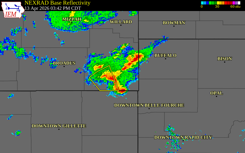 NEXRAD radar during the Monday, April 13, 2026 storm activity in Carter County, Montana