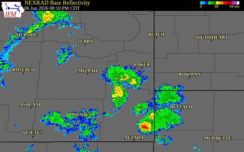 NEXRAD radar during the Saturday, June 6, 2026 storm activity in Carter County, Montana