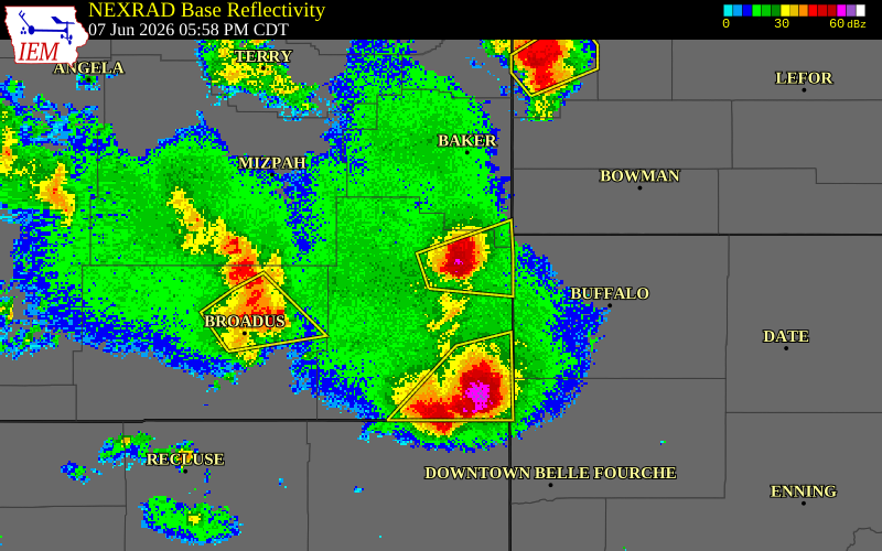NEXRAD radar during the Sunday, June 7, 2026 storm activity in Carter County, Montana