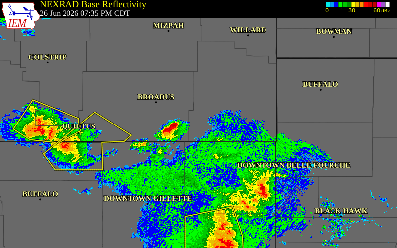 NEXRAD radar during the Friday, June 26, 2026 storm activity in Carter County, Montana