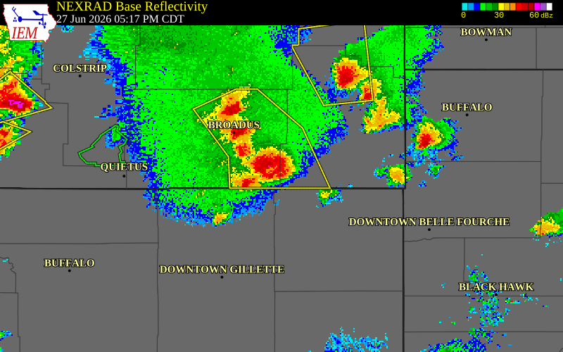 NEXRAD radar during the Saturday, June 27, 2026 storm activity in Carter County, Montana