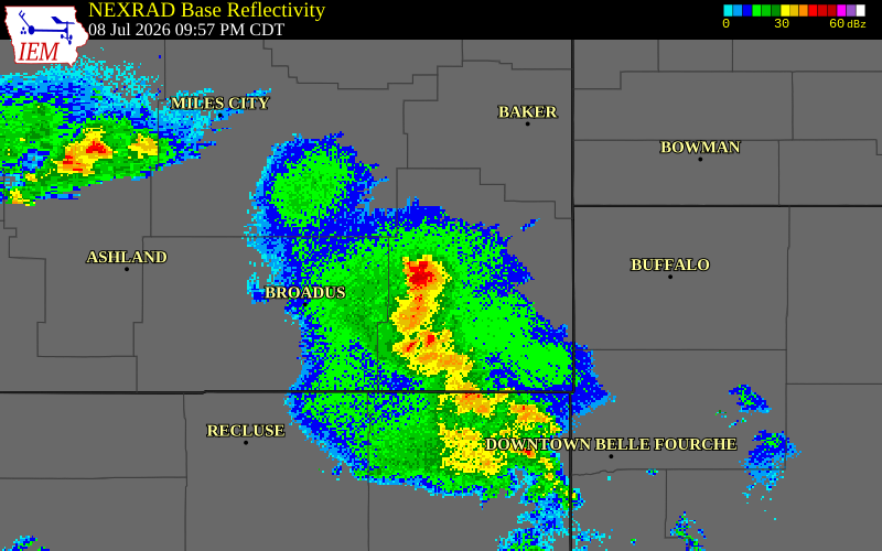 NEXRAD radar during the Wednesday, July 8, 2026 storm activity in Carter County, Montana