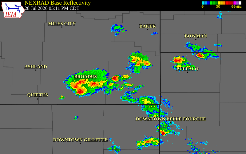 NEXRAD radar during the Tuesday, July 28, 2026 storm activity in Carter County, Montana