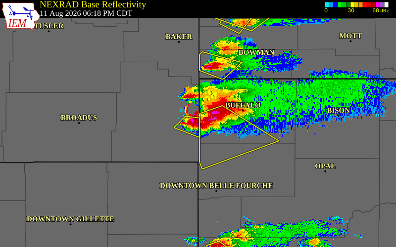 NEXRAD radar during the Tuesday, August 11, 2026 storm activity in Carter County, Montana