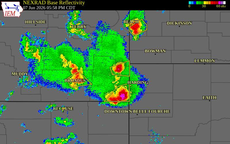Radar snapshot during the Jun 7, 2026 hail event near 9 N Belltower, Carter County, Montana, with NWS warning polygons