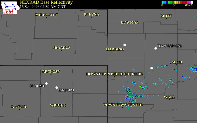 Current NEXRAD radar over Carter County, Montana with recent storm report locations