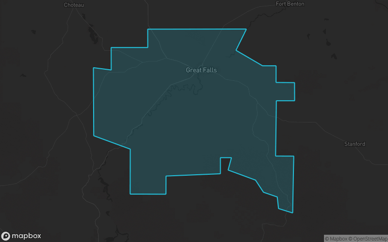 Map of Cascade County, Montana showing the county boundary and surrounding cities