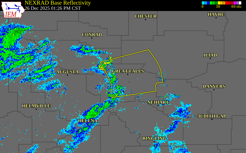 NEXRAD radar during the Friday, December 26, 2025 storm activity in Cascade County, Montana
