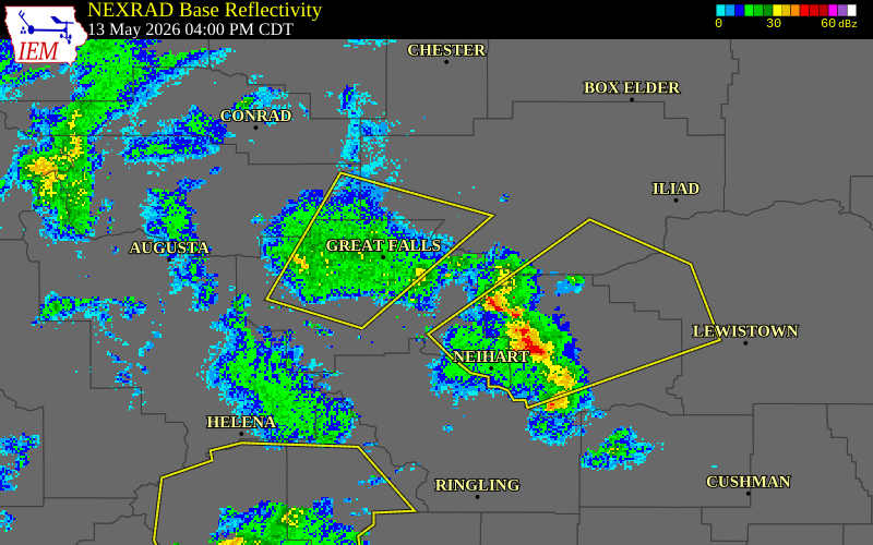NEXRAD radar during the Wednesday, May 13, 2026 storm activity in Cascade County, Montana