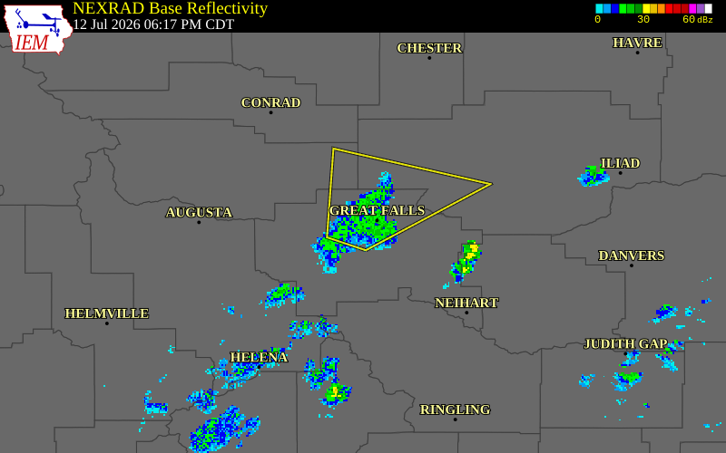 NEXRAD radar during the Sunday, July 12, 2026 storm activity in Cascade County, Montana