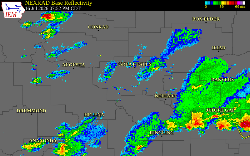 NEXRAD radar during the Thursday, July 16, 2026 storm activity in Cascade County, Montana