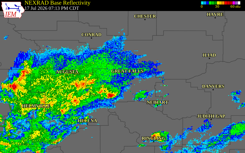 NEXRAD radar during the Friday, July 17, 2026 storm activity in Cascade County, Montana