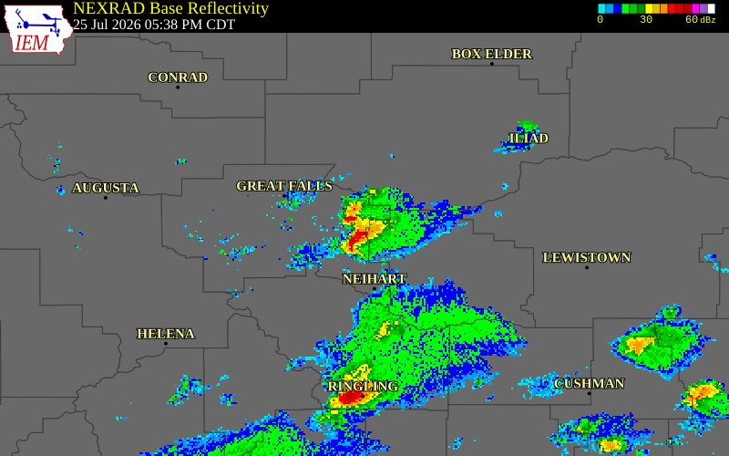 NEXRAD radar during the Saturday, July 25, 2026 storm activity in Cascade County, Montana