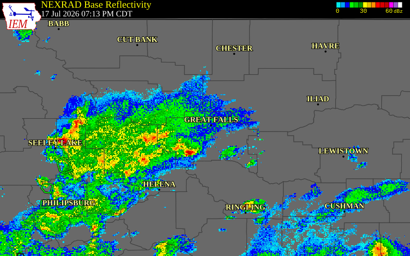 Radar snapshot during the Jul 17, 2026 wind event near 5 WSW Great Falls, Cascade County, Montana, with NWS warning polygons