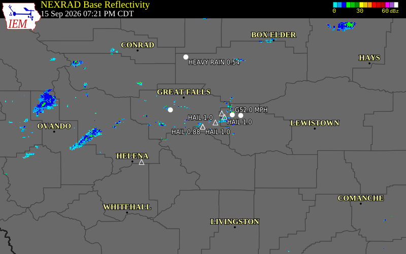 Current NEXRAD radar over Cascade County, Montana with recent storm report locations