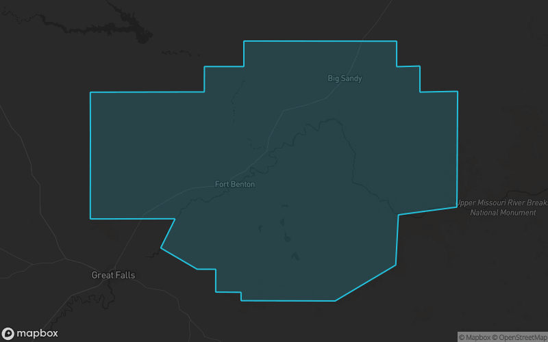 Map of Chouteau County, Montana showing the county boundary and surrounding cities