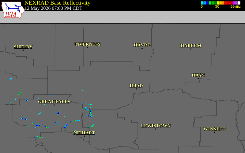 NEXRAD radar during the Tuesday, May 12, 2026 storm activity in Chouteau County, Montana