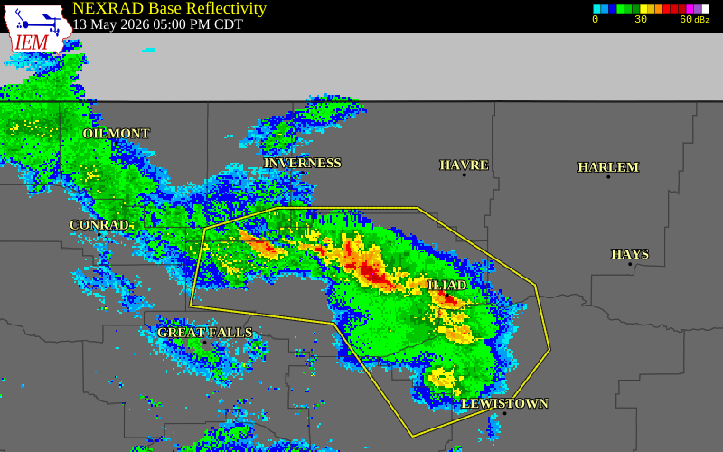 NEXRAD radar during the Wednesday, May 13, 2026 storm activity in Chouteau County, Montana