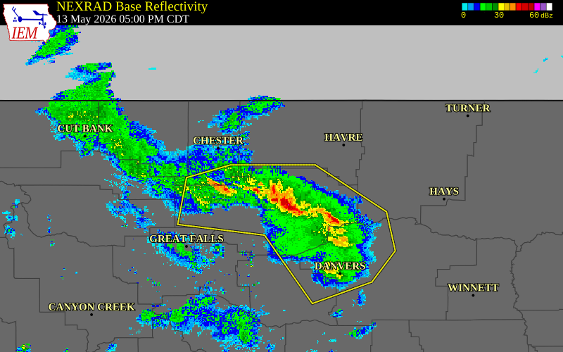 Radar snapshot during the May 13, 2026 tornado event near 10 WNW Big Sandy, Chouteau County, Montana, with NWS warning polygons