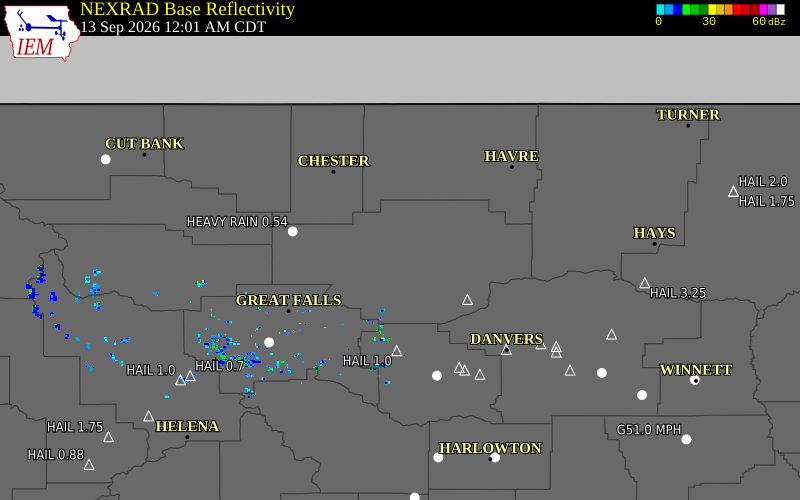 Current NEXRAD radar over Chouteau County, Montana with recent storm report locations