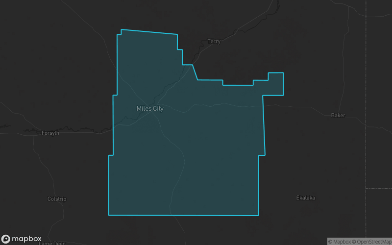 Map of Custer County, Montana showing the county boundary and surrounding cities