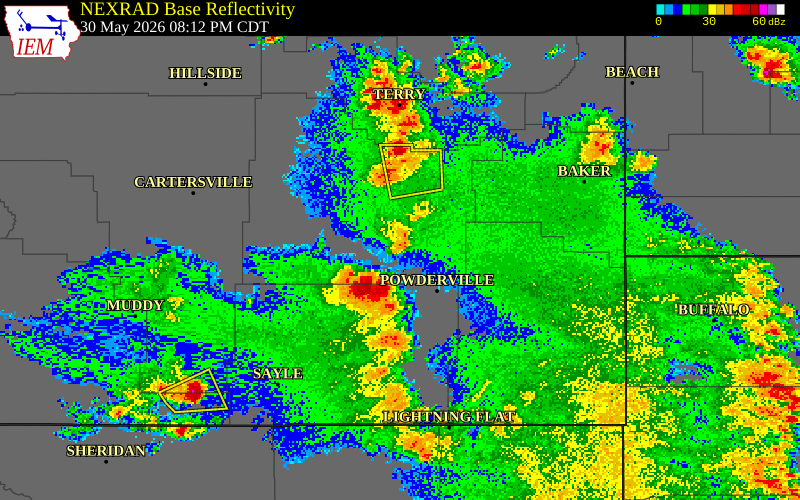 NEXRAD radar during the Saturday, May 30, 2026 storm activity in Custer County, Montana