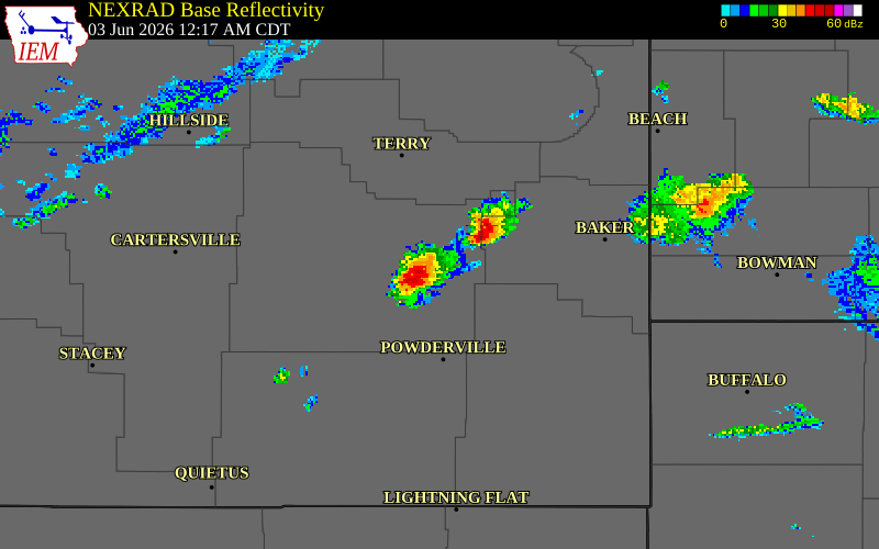 NEXRAD radar during the Tuesday, June 2, 2026 storm activity in Custer County, Montana