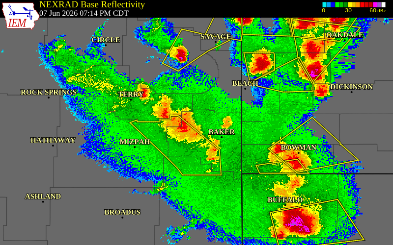 NEXRAD radar during the Sunday, June 7, 2026 storm activity in Custer County, Montana