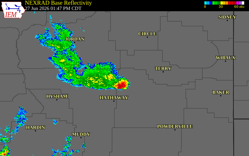 NEXRAD radar during the Saturday, June 27, 2026 storm activity in Custer County, Montana