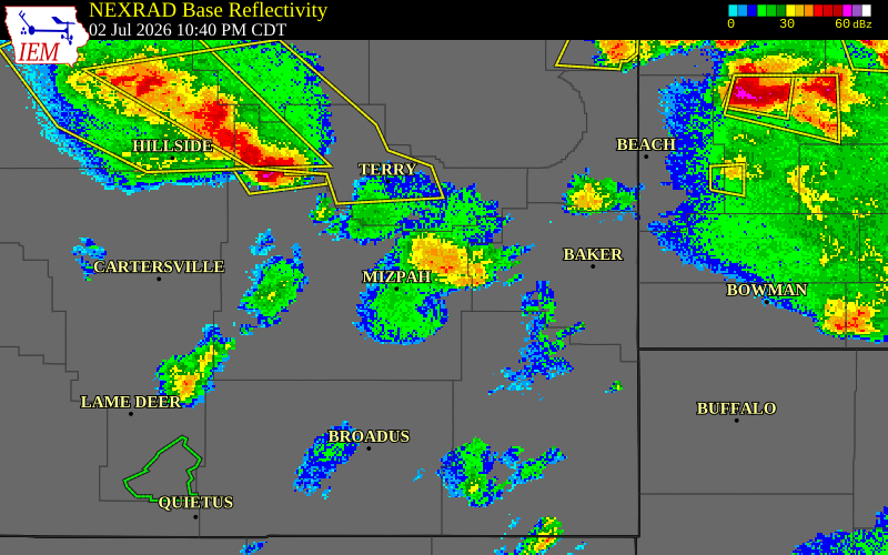 NEXRAD radar during the Thursday, July 2, 2026 storm activity in Custer County, Montana