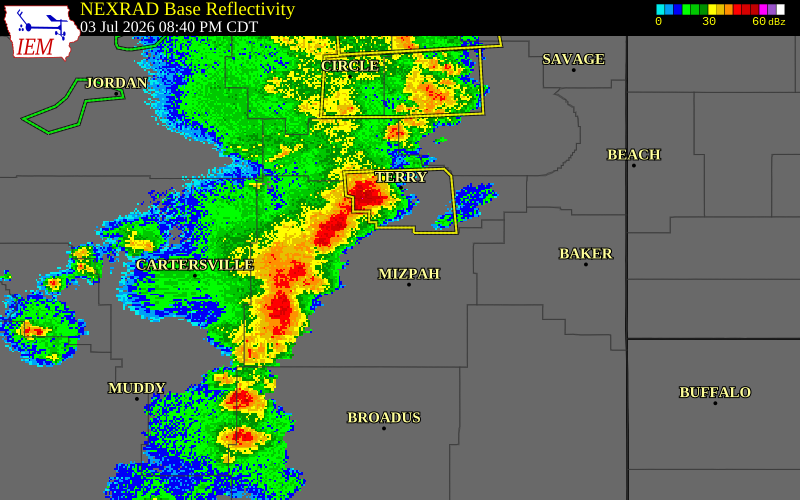 NEXRAD radar during the Friday, July 3, 2026 storm activity in Custer County, Montana