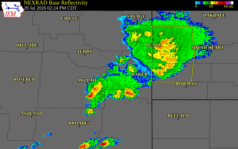 NEXRAD radar during the Wednesday, July 29, 2026 storm activity in Custer County, Montana