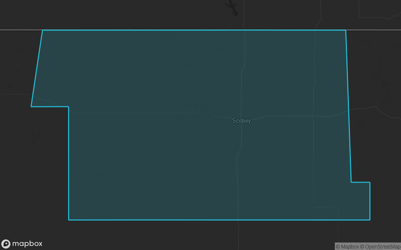 Map of Daniels County, Montana showing the county boundary and surrounding cities