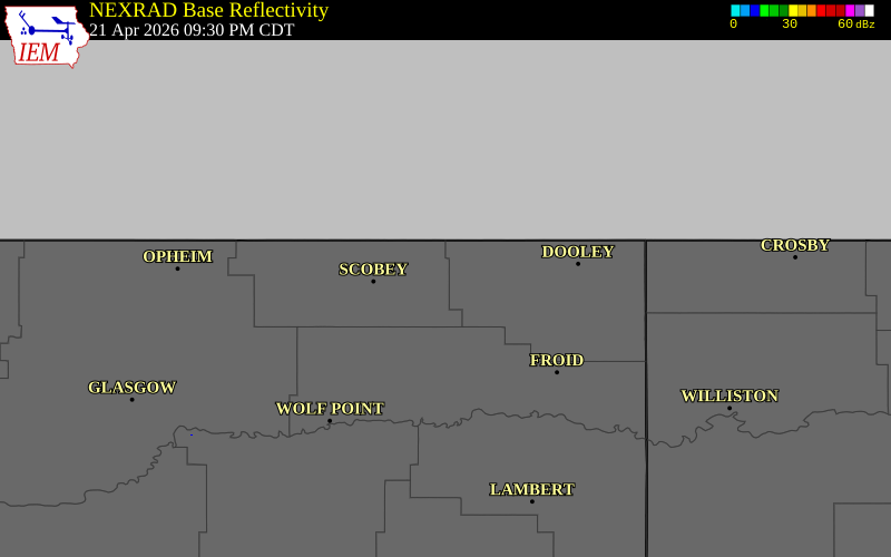 NEXRAD radar during the Tuesday, April 21, 2026 storm activity in Daniels County, Montana