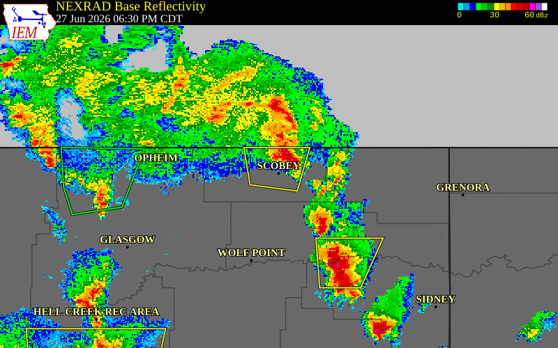 NEXRAD radar during the Saturday, June 27, 2026 storm activity in Daniels County, Montana