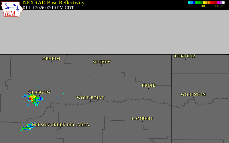 NEXRAD radar during the Wednesday, July 1, 2026 storm activity in Daniels County, Montana