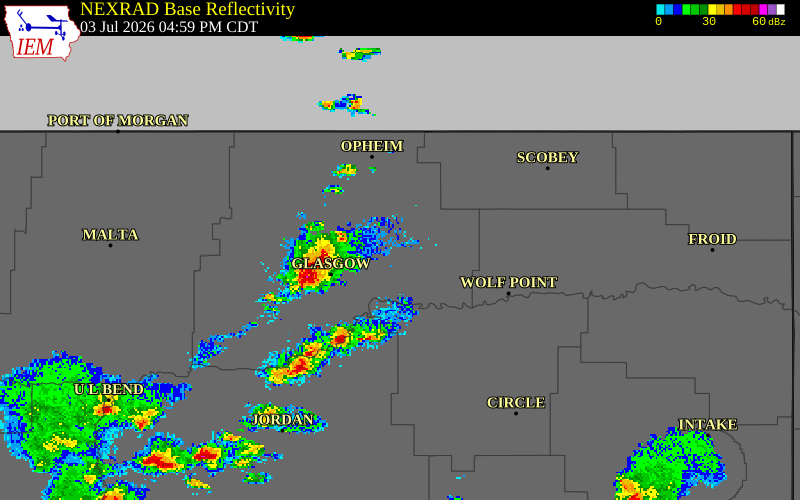 NEXRAD radar during the Friday, July 3, 2026 storm activity in Daniels County, Montana