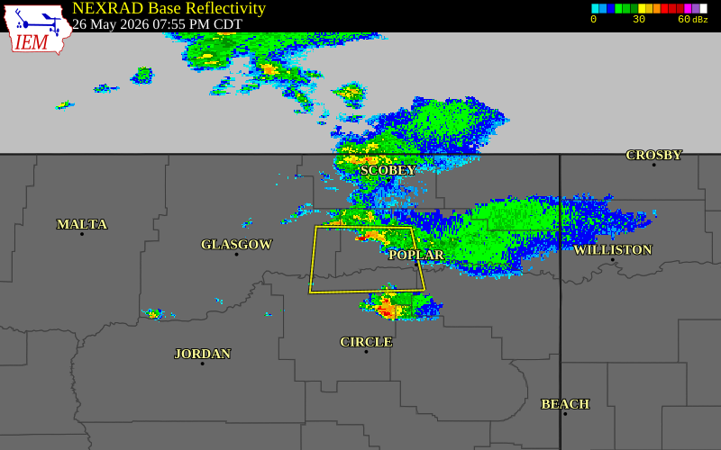 Radar snapshot during the May 26, 2026 wind event near Daniels County, Daniels County, Montana, with NWS warning polygons