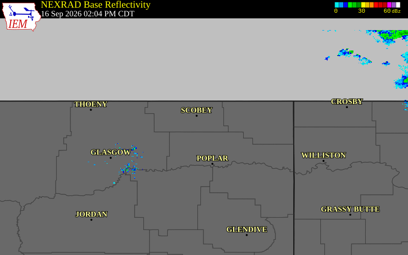Current NEXRAD radar over Daniels County, Montana with recent storm report locations